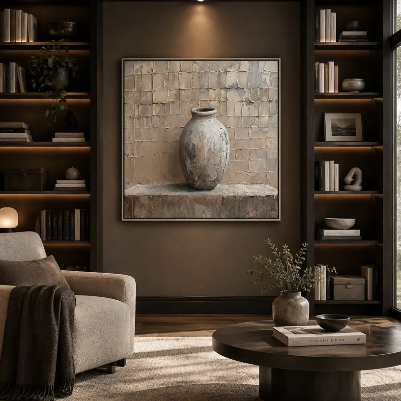 Wabi-Sabi abstract oil painting showing layered abstract marks, texture and expressive painterly movement in a brown palette.