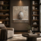 Wabi-Sabi abstract oil painting showing layered abstract marks, texture and expressive painterly movement in a brown palette.