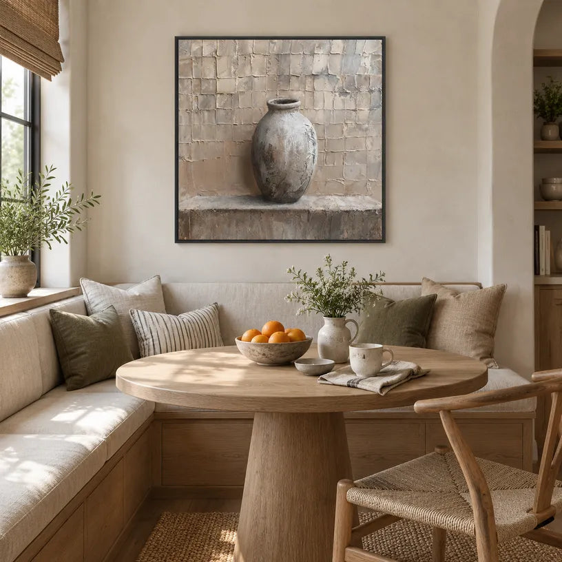 Wabi-Sabi abstract oil painting showing layered abstract marks, texture and expressive painterly movement in a brown palette.
