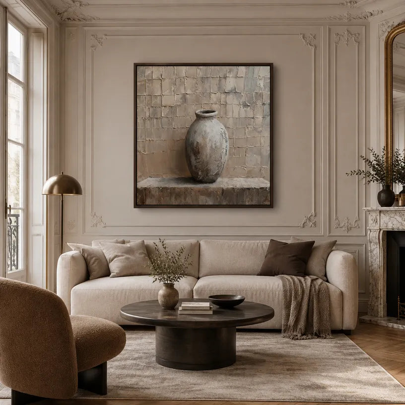 Wabi-Sabi abstract oil painting showing layered abstract marks, texture and expressive painterly movement in a brown palette.