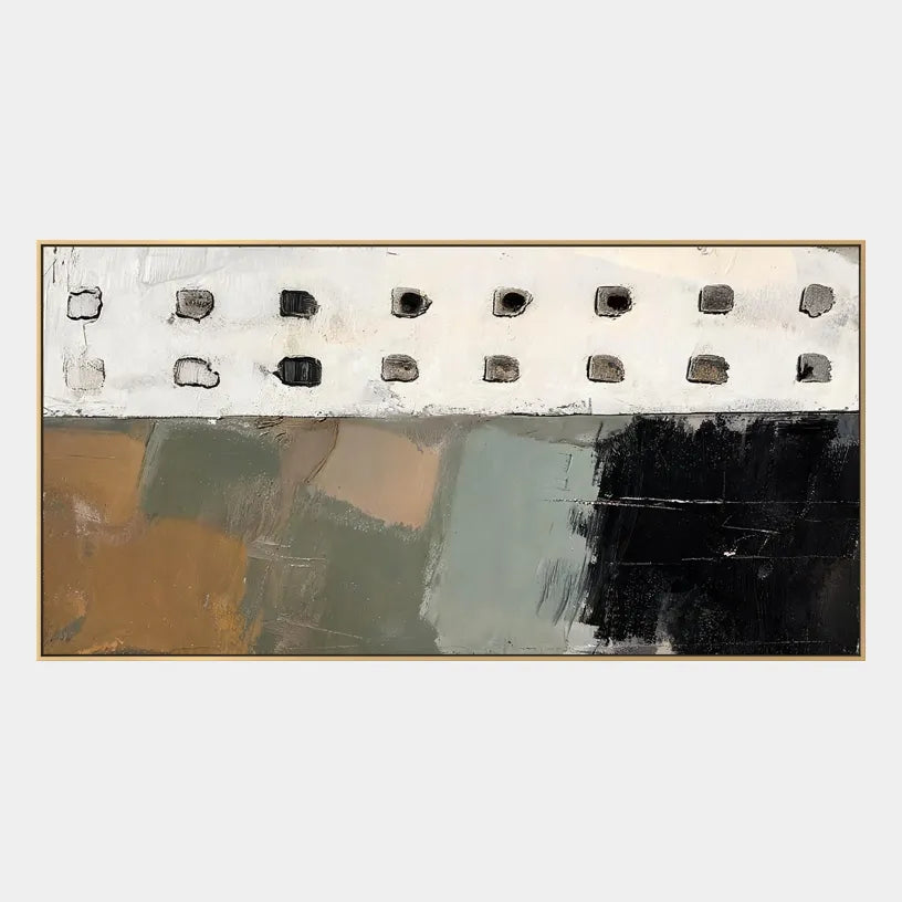 Wabi-Sabi abstract oil painting showing layered abstract marks, texture and expressive painterly movement in a black and white palette.