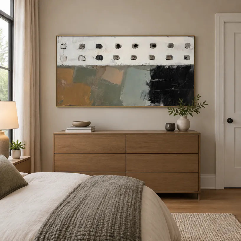 Wabi-Sabi abstract oil painting showing layered abstract marks, texture and expressive painterly movement in a black and white palette.