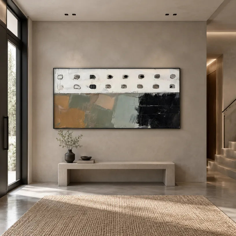 Wabi-Sabi abstract oil painting showing layered abstract marks, texture and expressive painterly movement in a black and white palette.