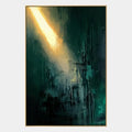 Peinture à l'huile abstraite et conceptuelle Wabi-Sabi présentant des marques abstraites superposées, une texture et un mouvement pictural expressif dans une palette verte.