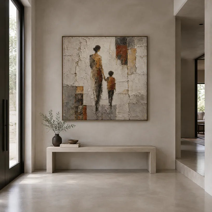 Wabi-Sabi portraiture & figure oil painting featuring an expressive figure or portrait rendered with painterly detail in a grey palette.