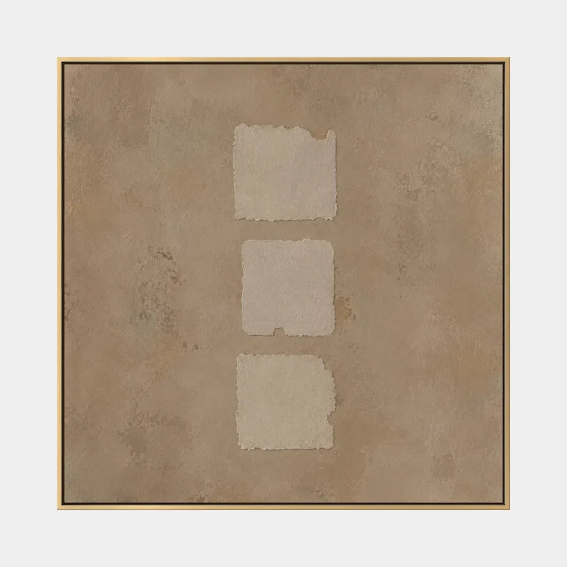 Wabi-Sabi abstract oil painting showing layered abstract marks, texture and expressive painterly movement in a brown palette.