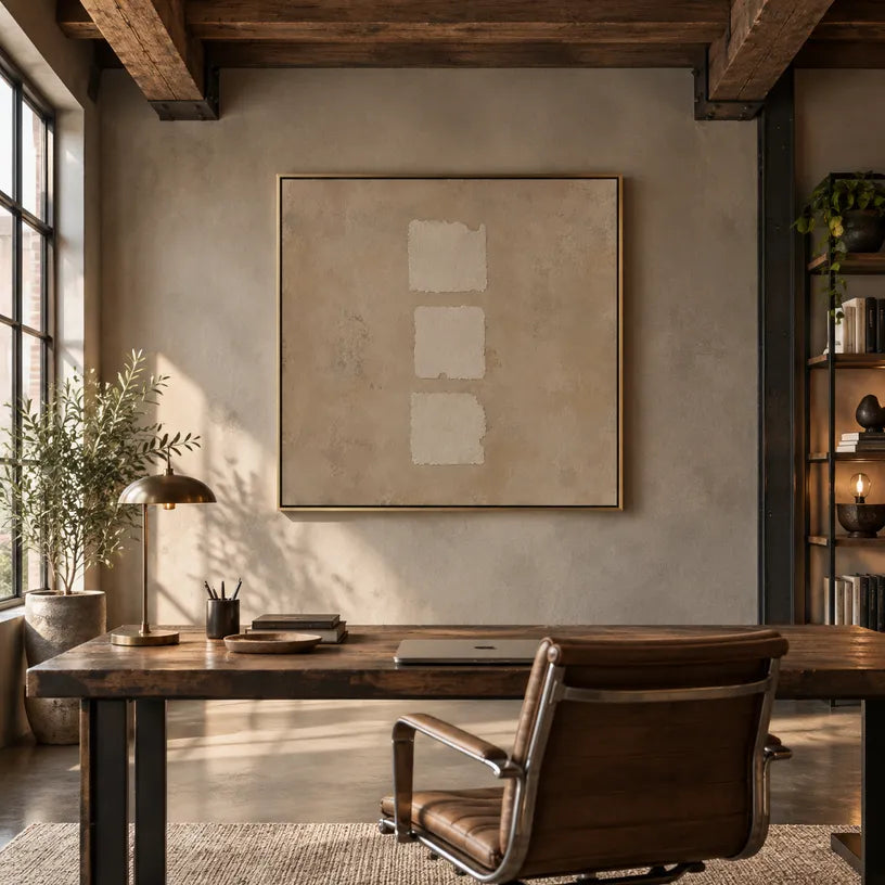 Wabi-Sabi abstract oil painting showing layered abstract marks, texture and expressive painterly movement in a brown palette.