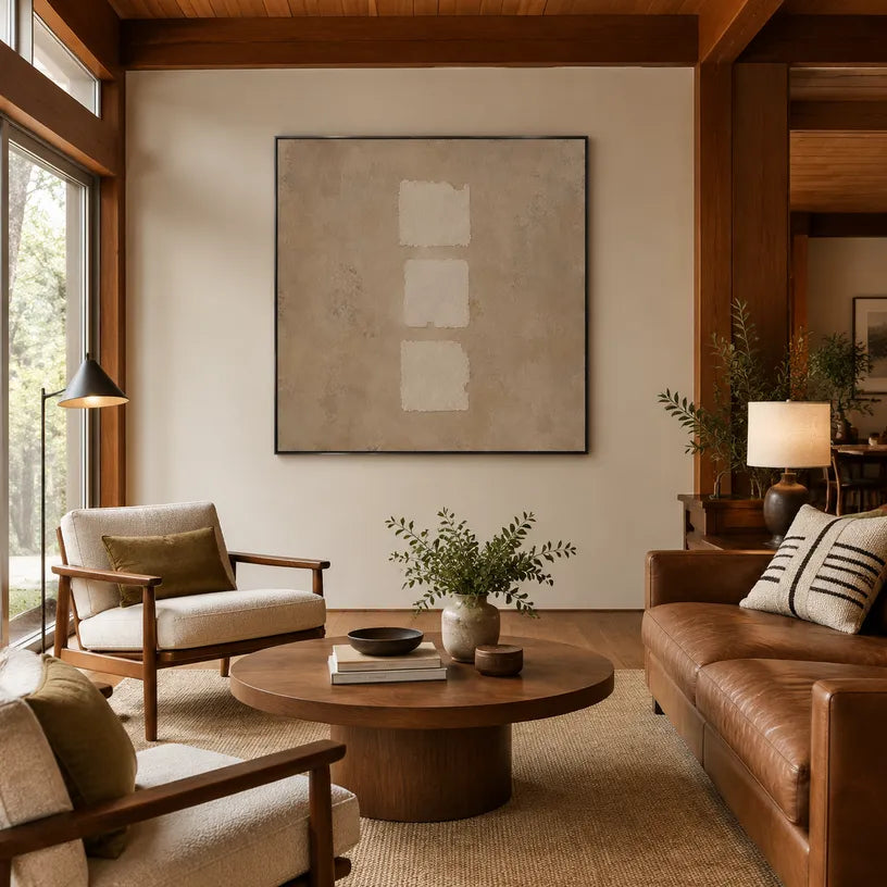 Wabi-Sabi abstract oil painting showing layered abstract marks, texture and expressive painterly movement in a brown palette.