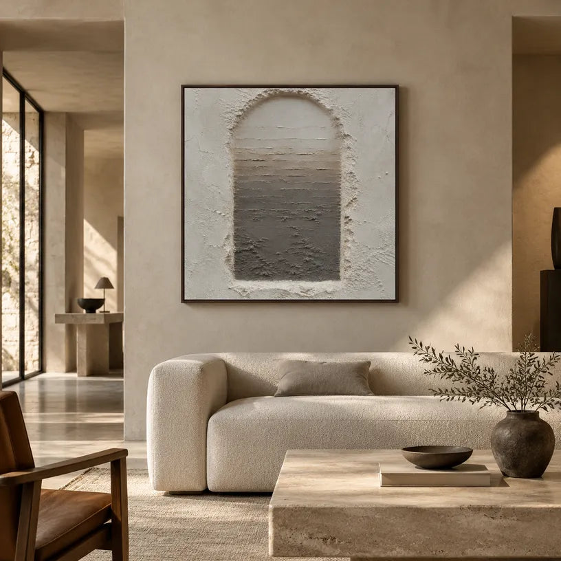 Wabi-Sabi abstract oil painting showing layered abstract marks, texture and expressive painterly movement in a grey palette.