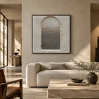 Wabi-Sabi abstract oil painting showing layered abstract marks, texture and expressive painterly movement in a grey palette.