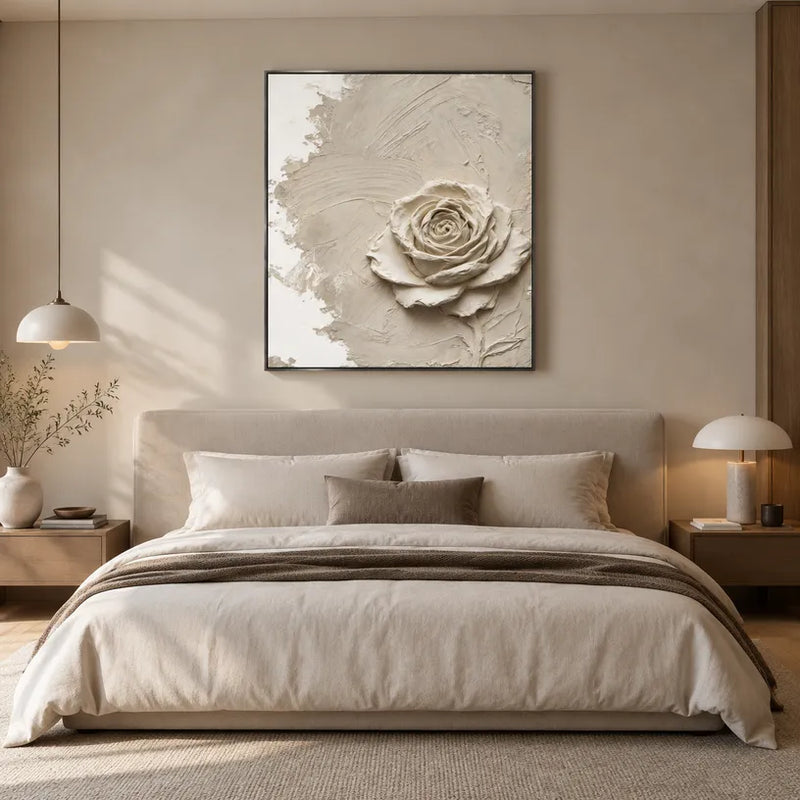 Peinture à l'huile florale/botanique et naturelle Wabi-Sabi présentant des formes botaniques, des fleurs ou des éléments naturels dans une composition picturale dans une palette beige.