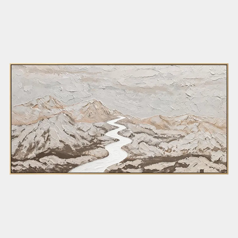 Dipinto a olio Wabi-Sabi con paesaggi, paesaggi marini e paesaggi urbani, caratterizzato da un paesaggio atmosferico, un paesaggio marino o una composizione ispirata alla città in una tavolozza beige.