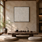 Wabi-Sabi abstract oil painting showing layered abstract marks, texture and expressive painterly movement in a grey palette.