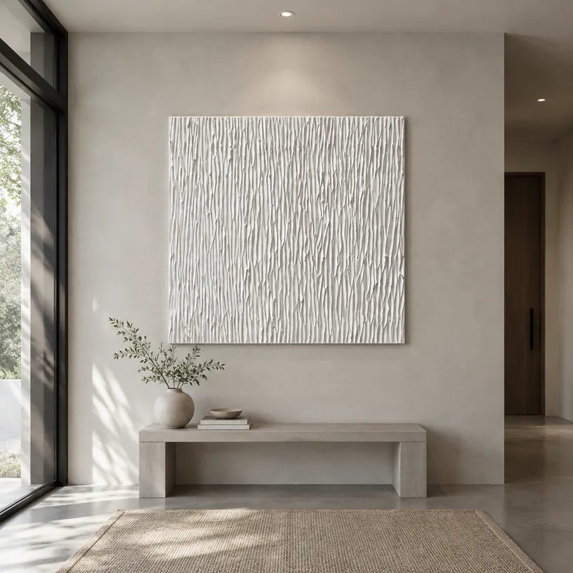 Wabi-Sabi abstract oil painting showing layered abstract marks, texture and expressive painterly movement in a grey palette.