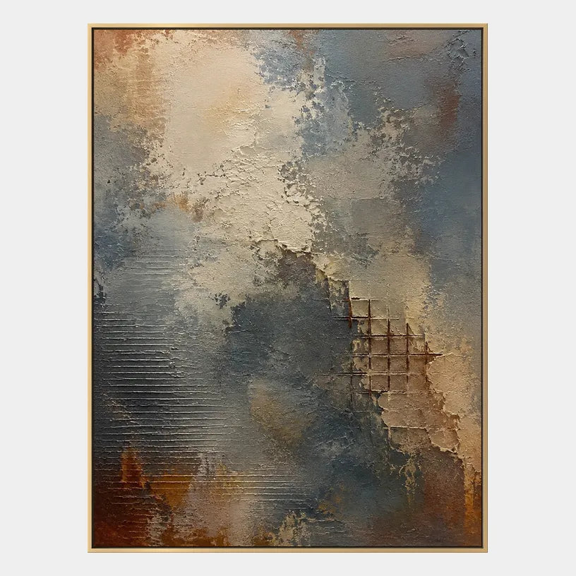 Wabi-Sabi abstract oil painting showing layered abstract marks, texture and expressive painterly movement in a brown palette.