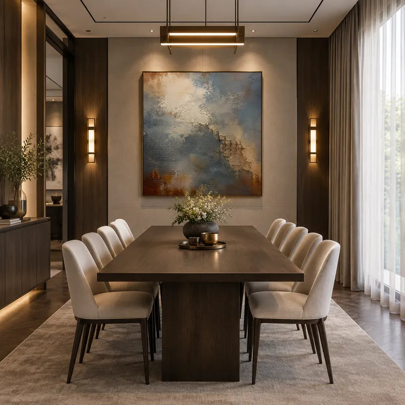 Wabi-Sabi abstract oil painting showing layered abstract marks, texture and expressive painterly movement in a brown palette.