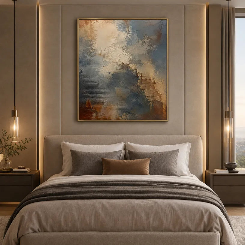 Wabi-Sabi abstract oil painting showing layered abstract marks, texture and expressive painterly movement in a brown palette.