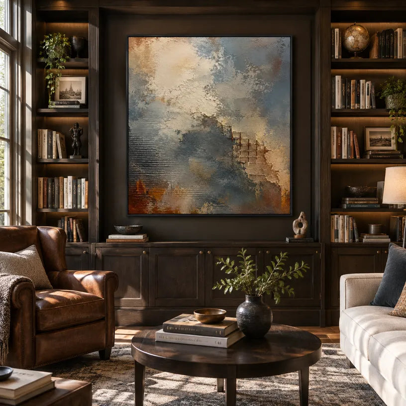 Wabi-Sabi abstract oil painting showing layered abstract marks, texture and expressive painterly movement in a brown palette.