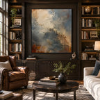 Wabi-Sabi abstract oil painting showing layered abstract marks, texture and expressive painterly movement in a brown palette.