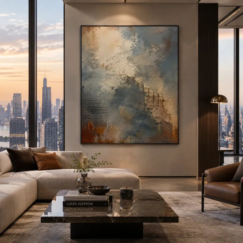 Wabi-Sabi abstract oil painting showing layered abstract marks, texture and expressive painterly movement in a brown palette.