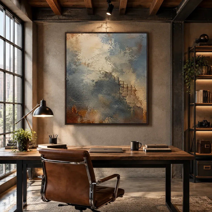 Wabi-Sabi abstract oil painting showing layered abstract marks, texture and expressive painterly movement in a brown palette.