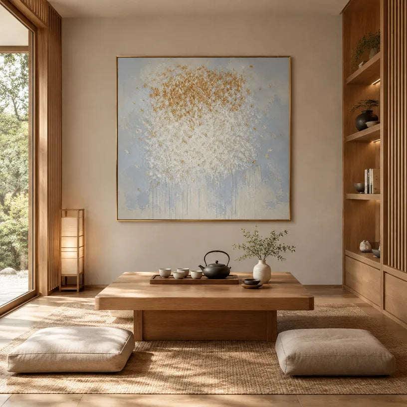 Wabi-Sabi abstract oil painting showing layered abstract marks, texture and expressive painterly movement in a grey palette.
