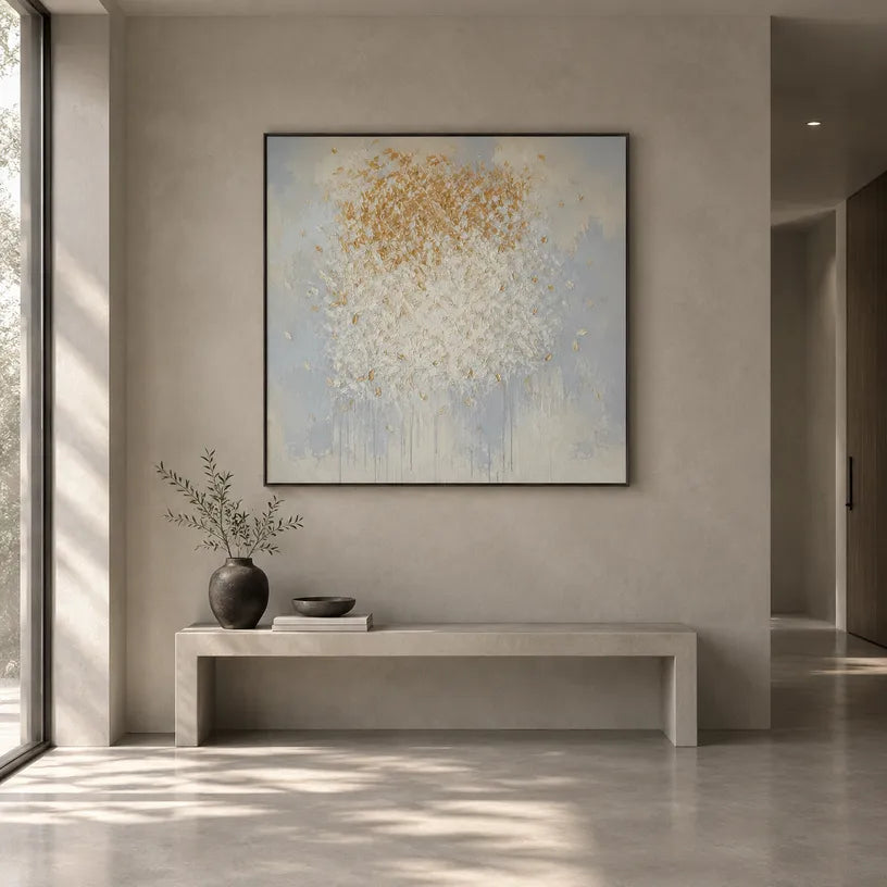 Wabi-Sabi abstract oil painting showing layered abstract marks, texture and expressive painterly movement in a grey palette.