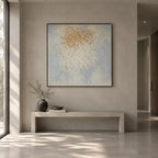 Wabi-Sabi abstract oil painting showing layered abstract marks, texture and expressive painterly movement in a grey palette.