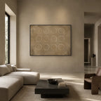 Wabi-Sabi abstract oil painting showing layered abstract marks, texture and expressive painterly movement in a brown palette.