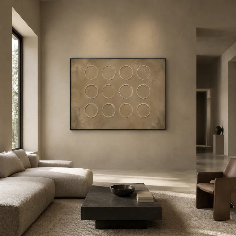 Wabi-Sabi abstract oil painting showing layered abstract marks, texture and expressive painterly movement in a brown palette.