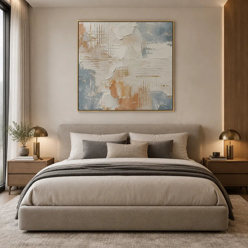 Wabi-Sabi abstract oil painting showing layered abstract marks, texture and expressive painterly movement in a grey palette.