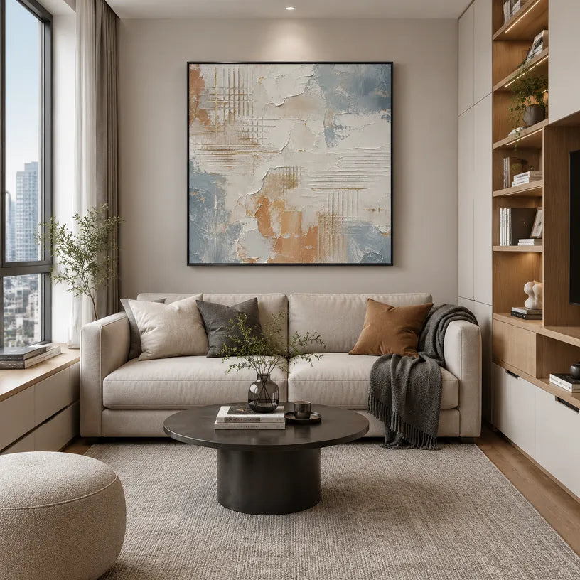 Wabi-Sabi abstract oil painting showing layered abstract marks, texture and expressive painterly movement in a grey palette.