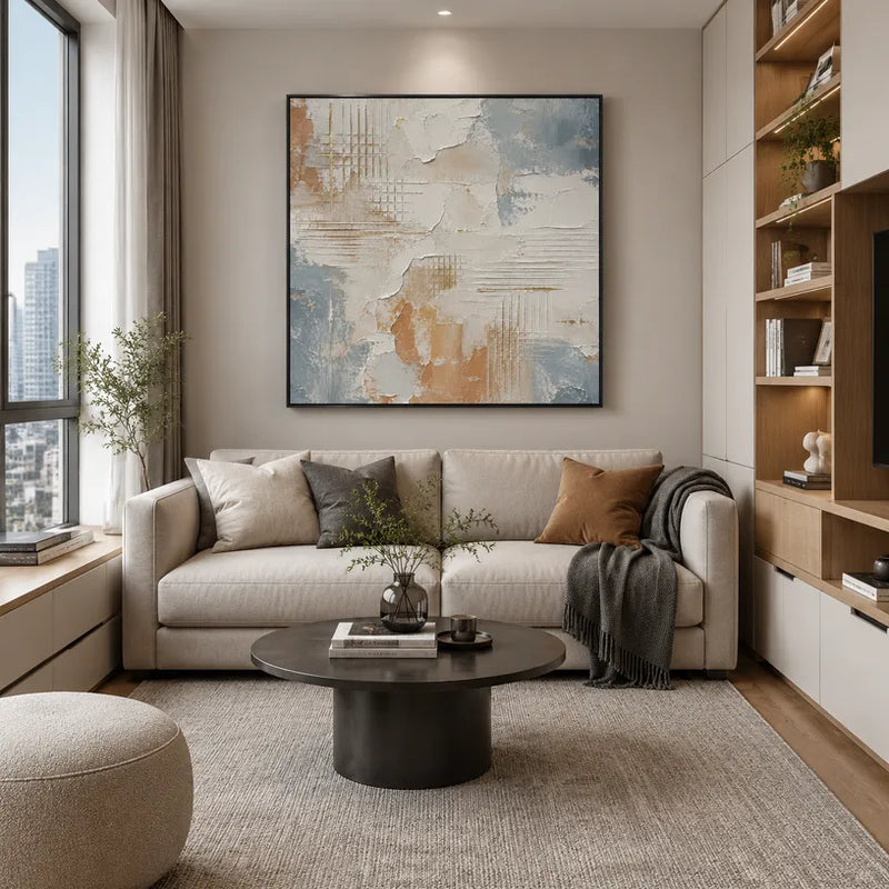 Pittura a olio astratta e concettuale Wabi-Sabi con segni astratti stratificati, consistenza e movimento pittorico espressivo in una tavolozza grigia.
