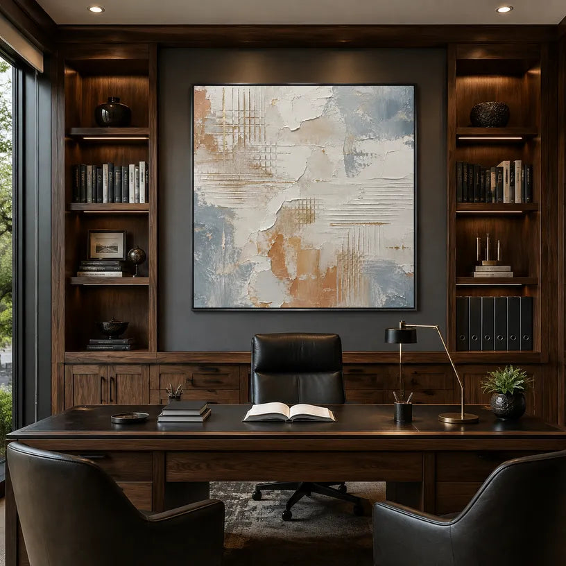 Wabi-Sabi abstract oil painting showing layered abstract marks, texture and expressive painterly movement in a grey palette.