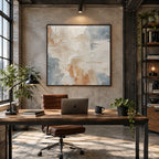 Wabi-Sabi abstract oil painting showing layered abstract marks, texture and expressive painterly movement in a grey palette.