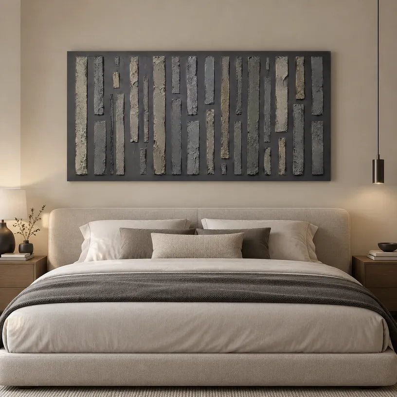 Wabi-Sabi abstract oil painting showing layered abstract marks, texture and expressive painterly movement in a black palette.
