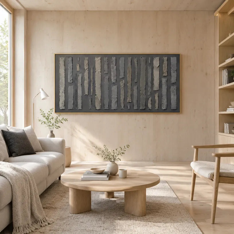 Wabi-Sabi abstract oil painting showing layered abstract marks, texture and expressive painterly movement in a black palette.