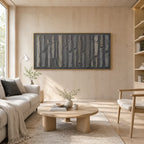 Wabi-Sabi abstract oil painting showing layered abstract marks, texture and expressive painterly movement in a black palette.