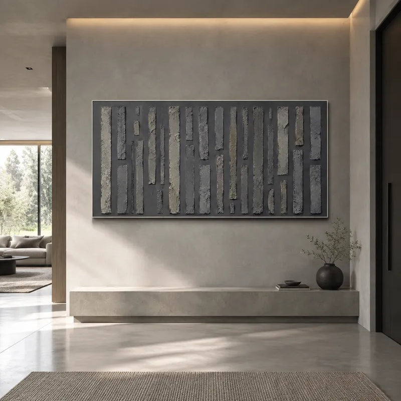Pintura al óleo abstracta y conceptual Wabi-Sabi que presenta marcas abstractas en capas, textura y movimiento pictórico expresivo en una paleta gris.