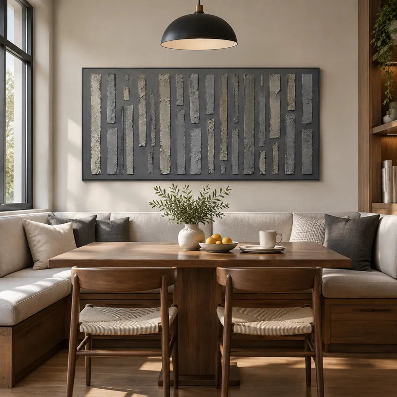 Wabi-Sabi abstract oil painting showing layered abstract marks, texture and expressive painterly movement in a black palette.