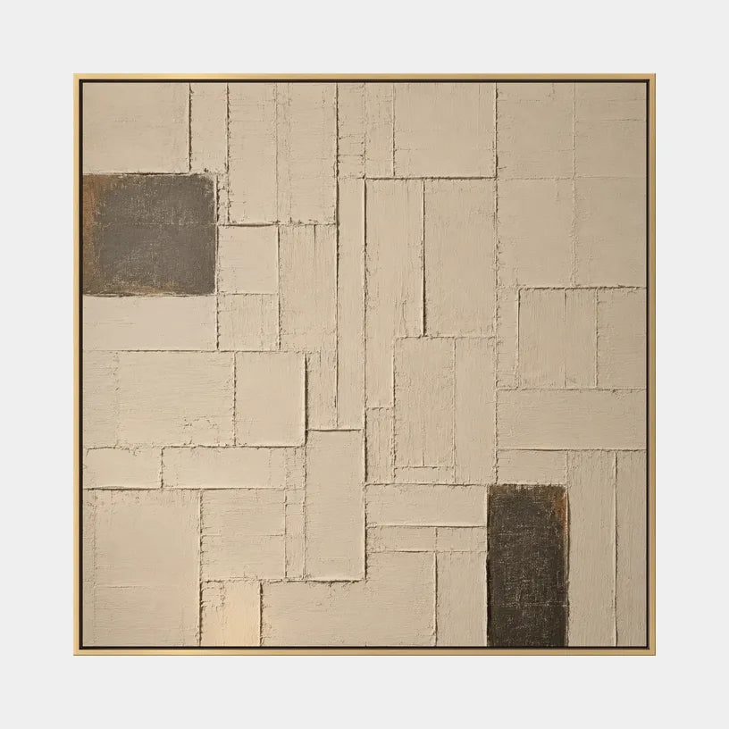 Wabi-Sabi abstract oil painting showing layered abstract marks, texture and expressive painterly movement in a beige palette.
