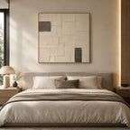 Wabi-Sabi abstract oil painting showing layered abstract marks, texture and expressive painterly movement in a beige palette.