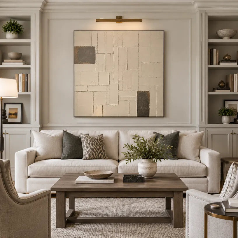 Wabi-Sabi abstract oil painting showing layered abstract marks, texture and expressive painterly movement in a beige palette.