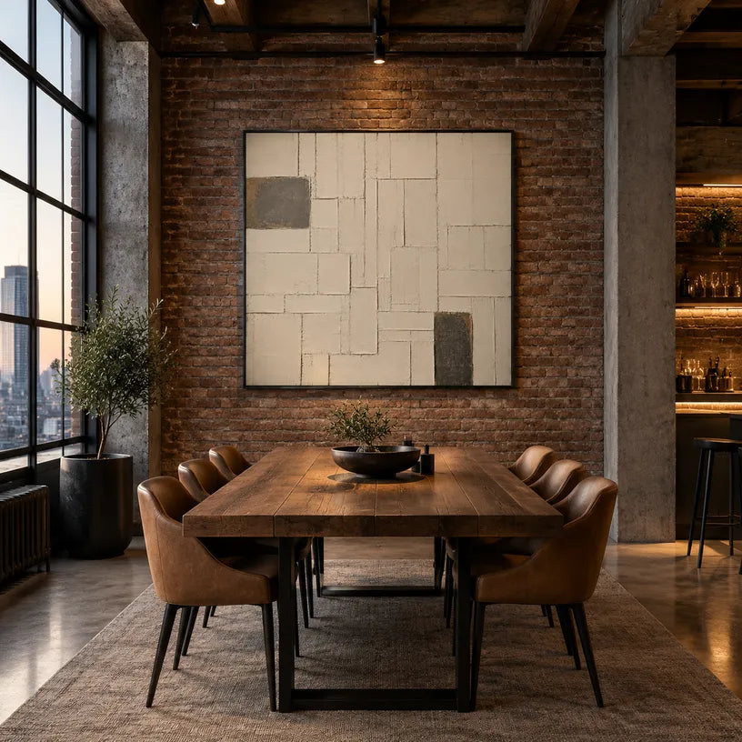 Wabi-Sabi abstract oil painting showing layered abstract marks, texture and expressive painterly movement in a beige palette.