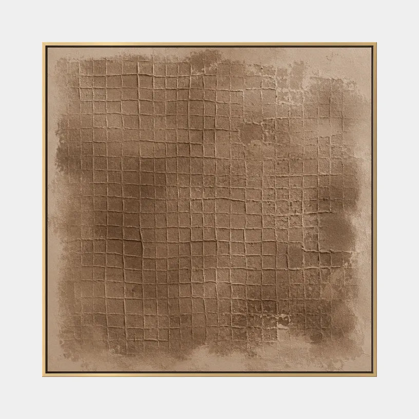 Wabi-Sabi abstract oil painting showing layered abstract marks, texture and expressive painterly movement in a brown palette.