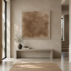 Wabi-Sabi abstract oil painting showing layered abstract marks, texture and expressive painterly movement in a brown palette.