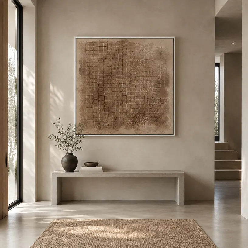 Wabi-Sabi abstract oil painting showing layered abstract marks, texture and expressive painterly movement in a brown palette.