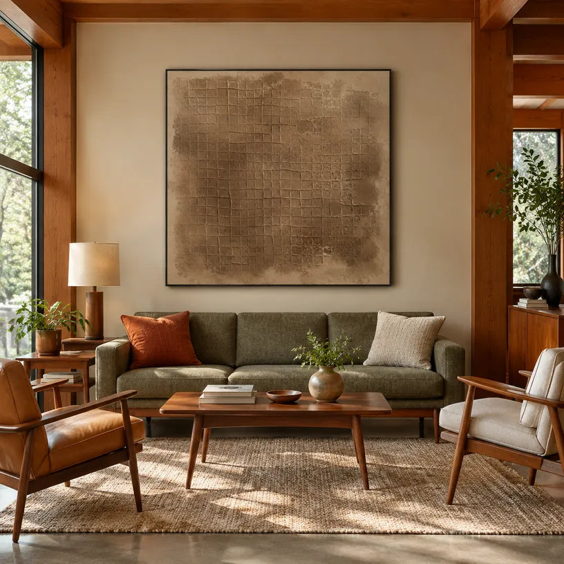 Wabi-Sabi abstract oil painting showing layered abstract marks, texture and expressive painterly movement in a brown palette.