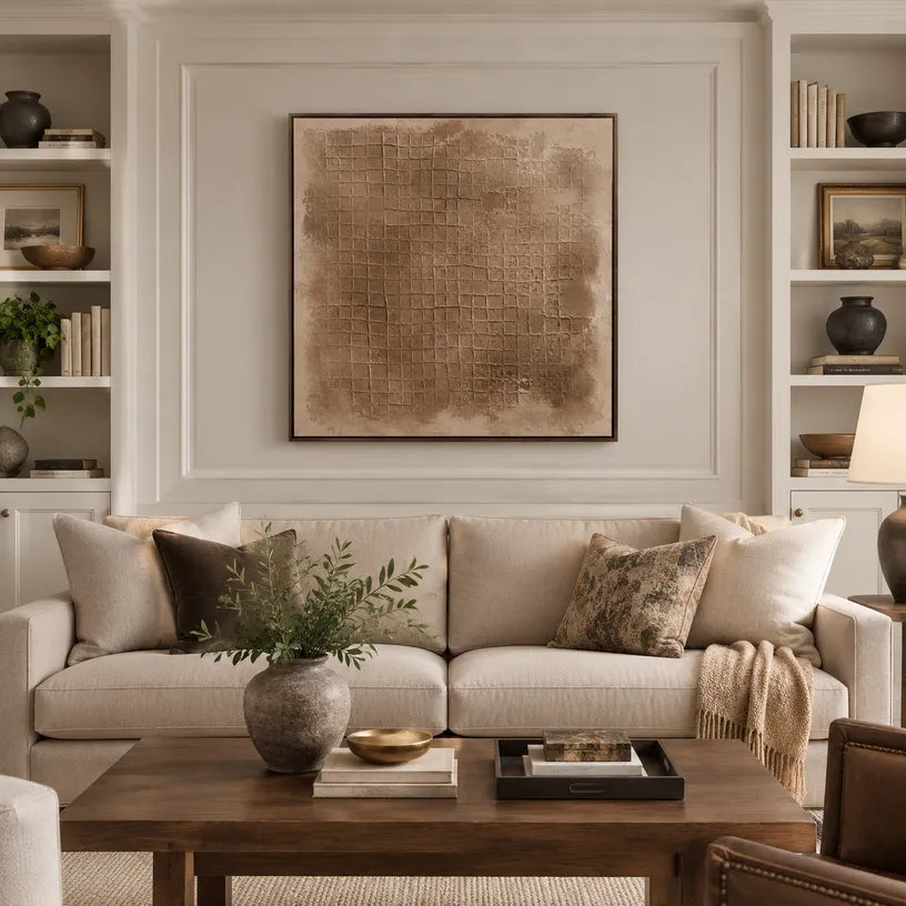 Wabi-Sabi abstract oil painting showing layered abstract marks, texture and expressive painterly movement in a brown palette.