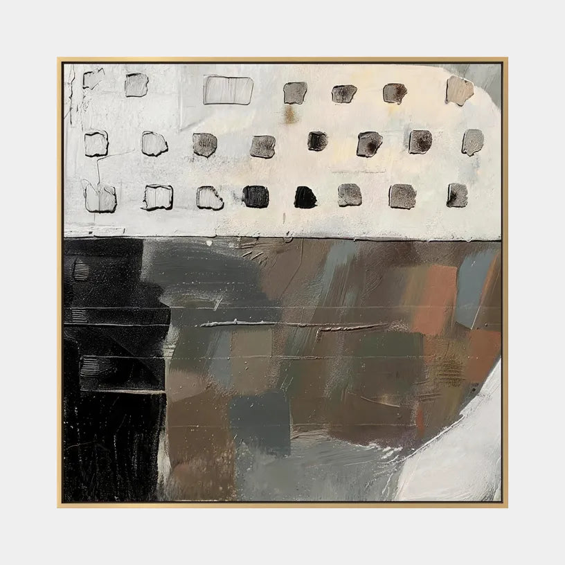 Wabi-Sabi abstract oil painting showing layered abstract marks, texture and expressive painterly movement.